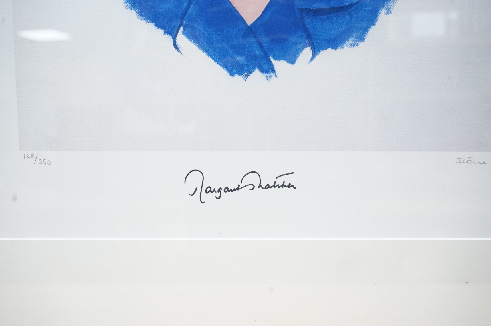 After Richard Stone, The Right Honourable Baroness Thatcher, colour lithograph, limited edition 128/350, signed in pencil by the artist, 53 x 41cm